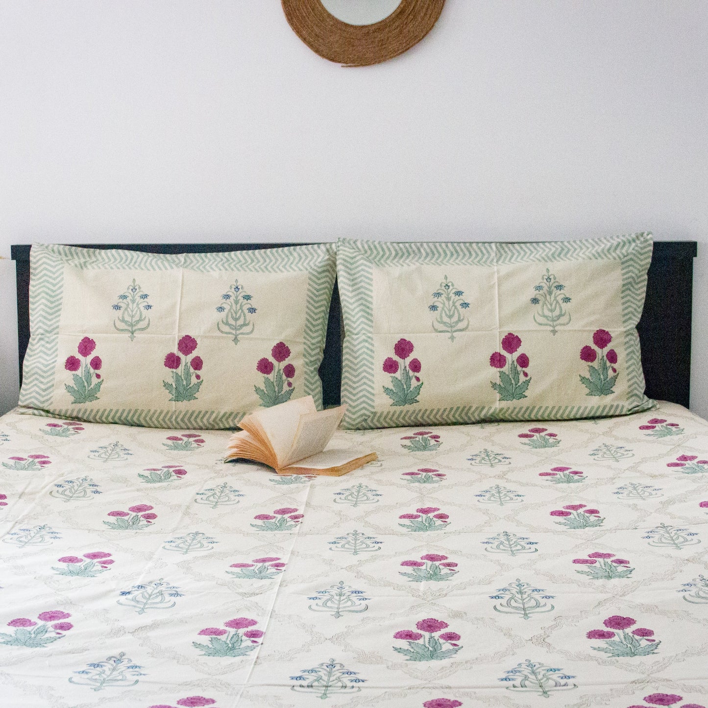 Wine Camellia Hand Block Printed Beige Bed Sheet pure cotton Super King bedsheet set by Heritagewear