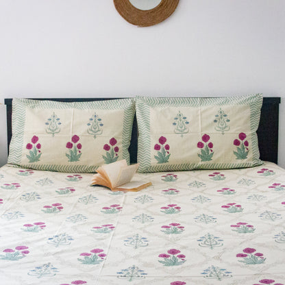 Wine Camellia Hand Block Printed Beige Bed Sheet pure cotton Super King bedsheet set by Heritagewear