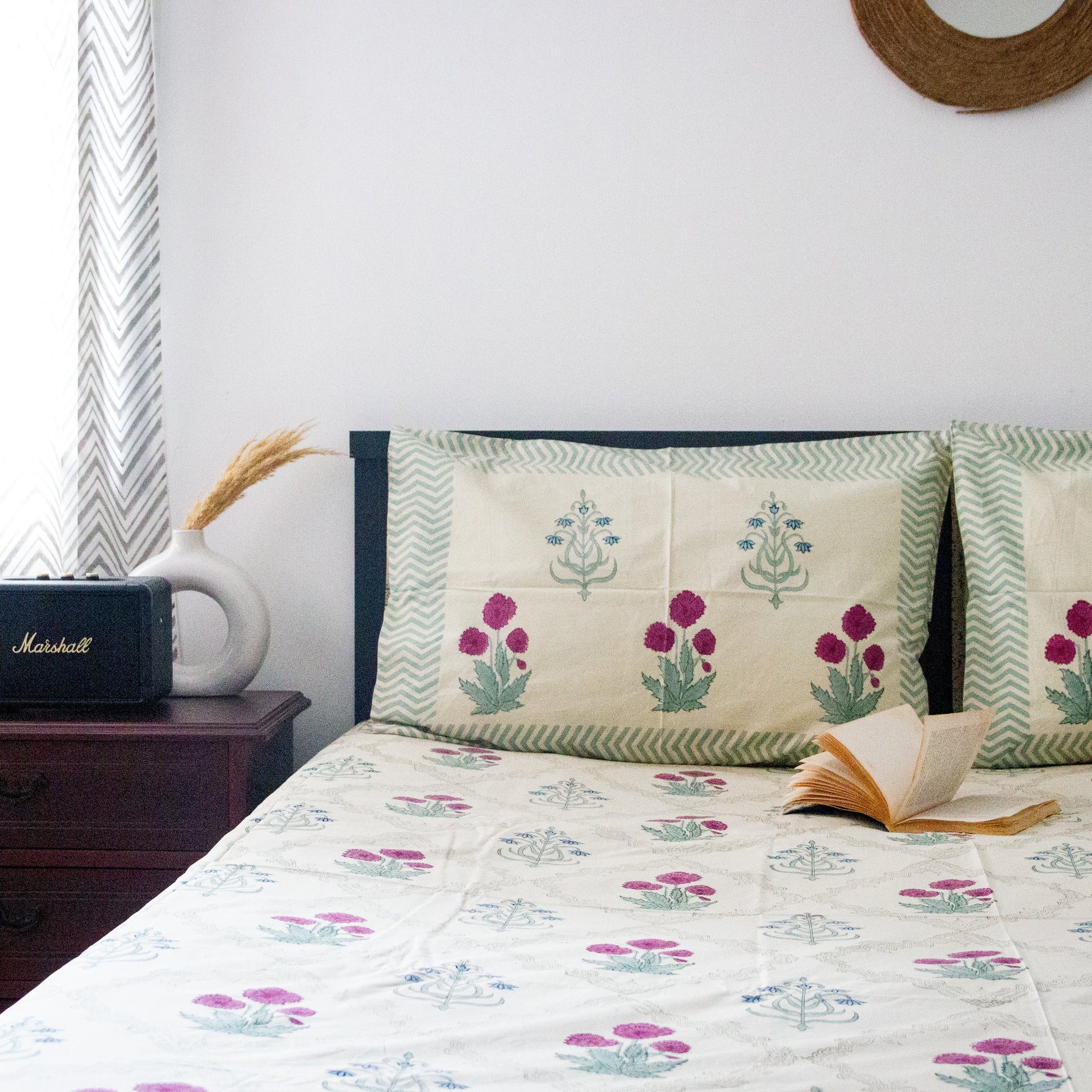 Wine Camellia Hand Block Printed Beige Bed Sheet Pure Cotton Super King Bedsheet by Heritagewear