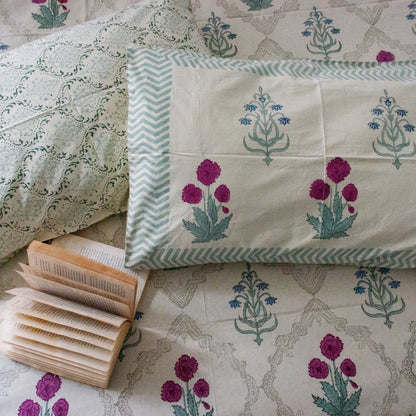 Wine Camellia Hand Block Printed Beige Bed Sheet Pure Cotton Super King Bedsheet by Heritagewear
