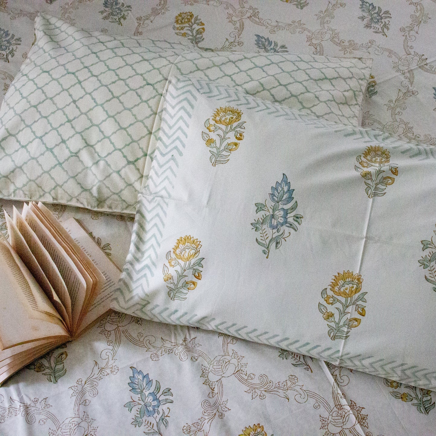 Springtime Serenity Hand Block Printed Cotton King Size Bedsheet Set