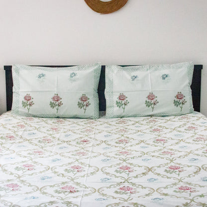 Wisteria Hand Block Printed Bed Sheets pure cotton Super King bedsheet set by Heritagewear