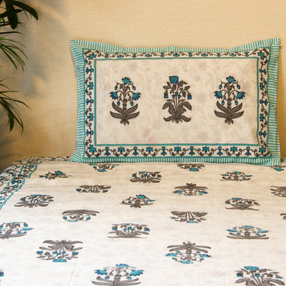Tropical Blue Self Floral Pure Cotton King Size Bedsheet Set