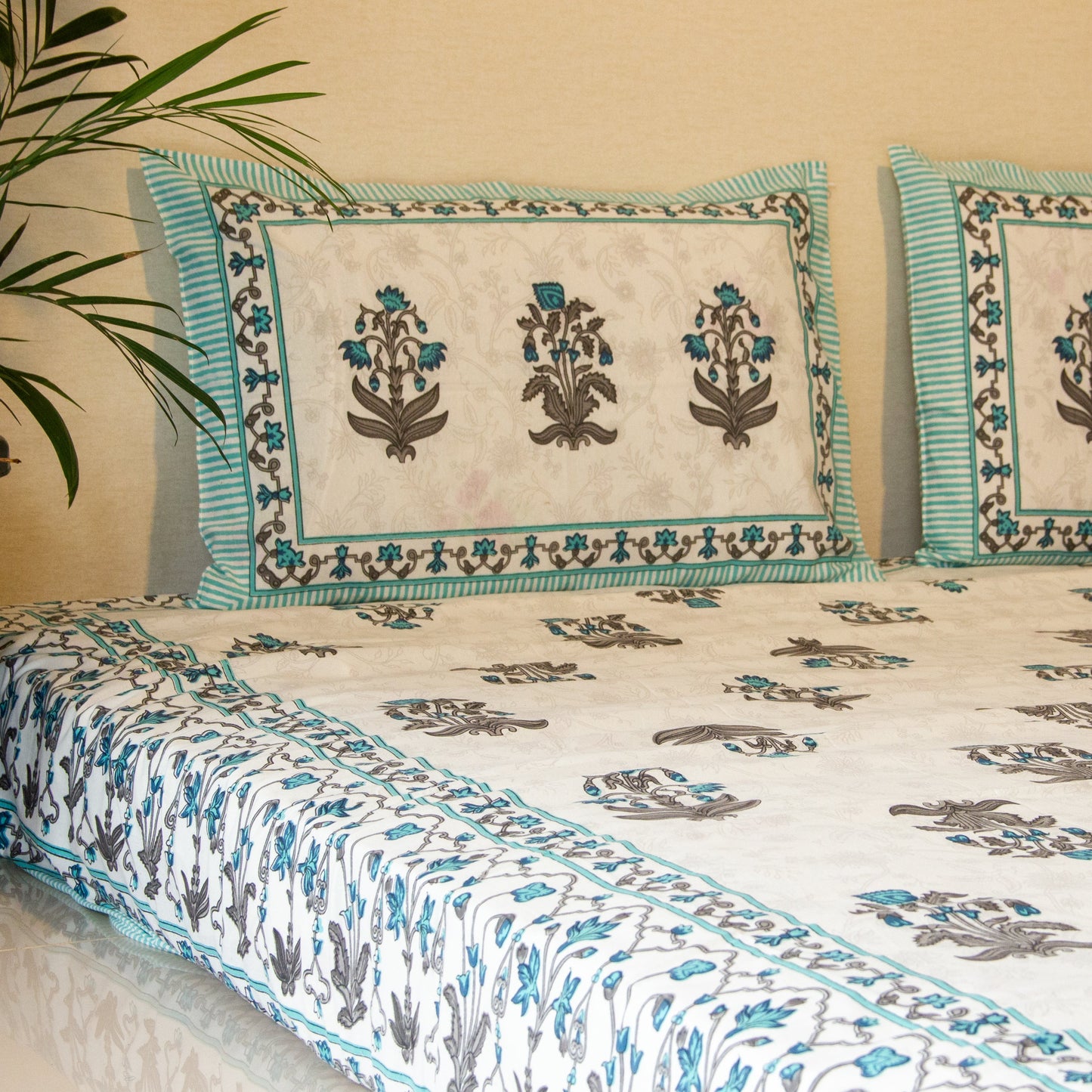 Tropical Blue Self Floral Pure Cotton King Size Bedsheet Set