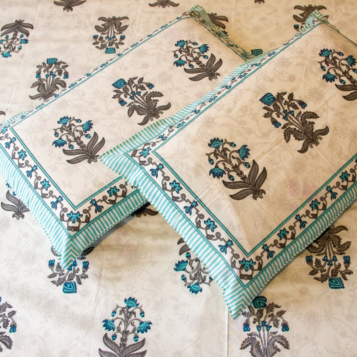 Tropical Blue Self Floral Pure Cotton King Size Bedsheet Set