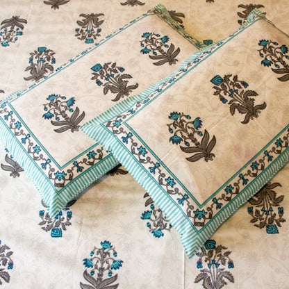 Tropical Blue Self Floral Pure Cotton King Size Bedsheet Set