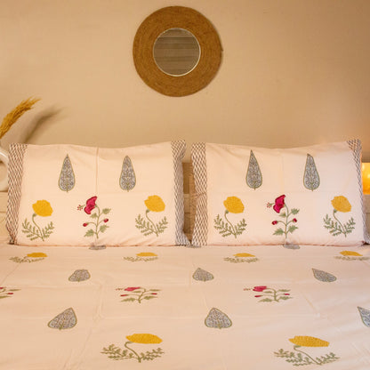 Marigold Hand Block Printed Cotton King Size Bedsheet Set