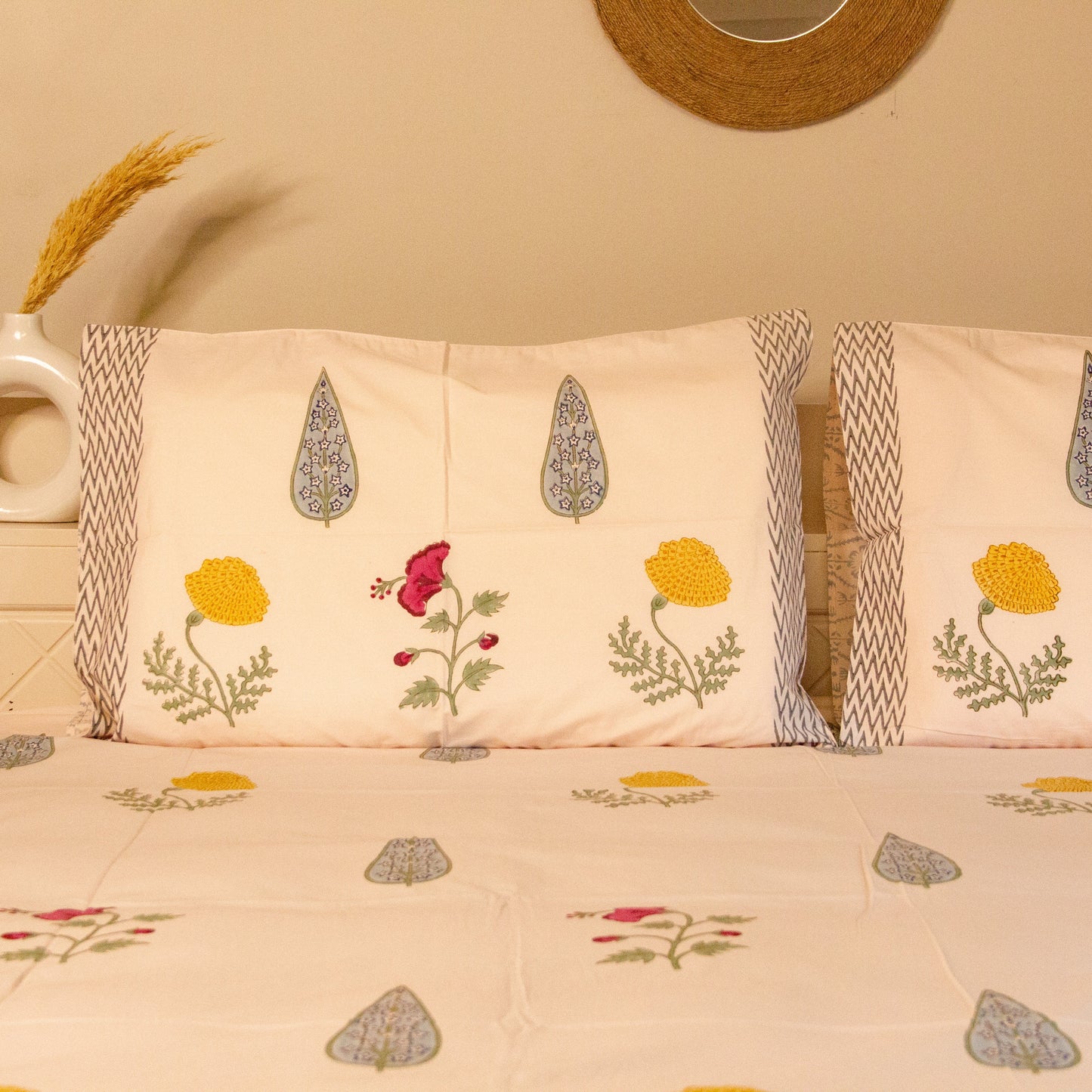 Marigold Hand Block Printed Cotton King Size Bedsheet Set