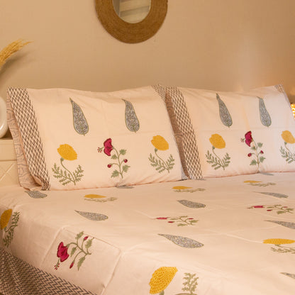 Marigold Hand Block Printed Cotton King Size Bedsheet Set