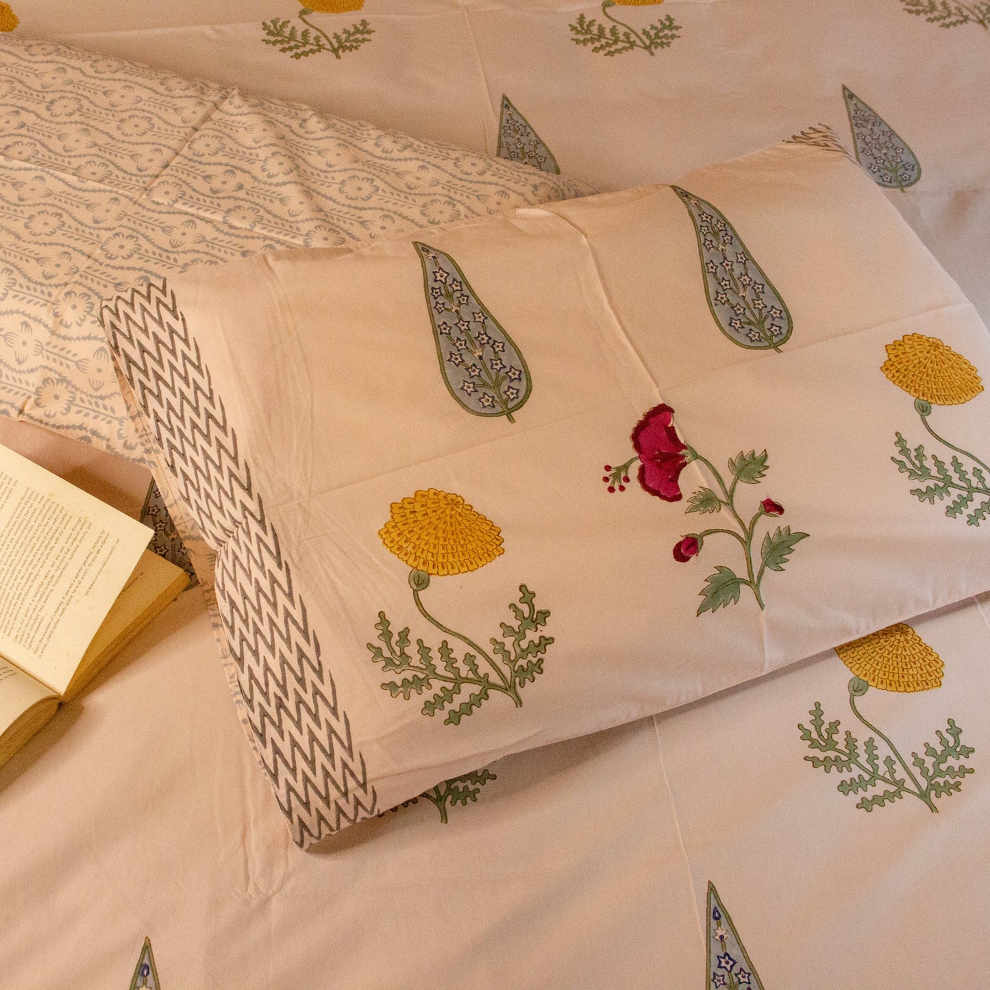 Marigold Hand Block Printed Cotton King Size Bedsheet Set