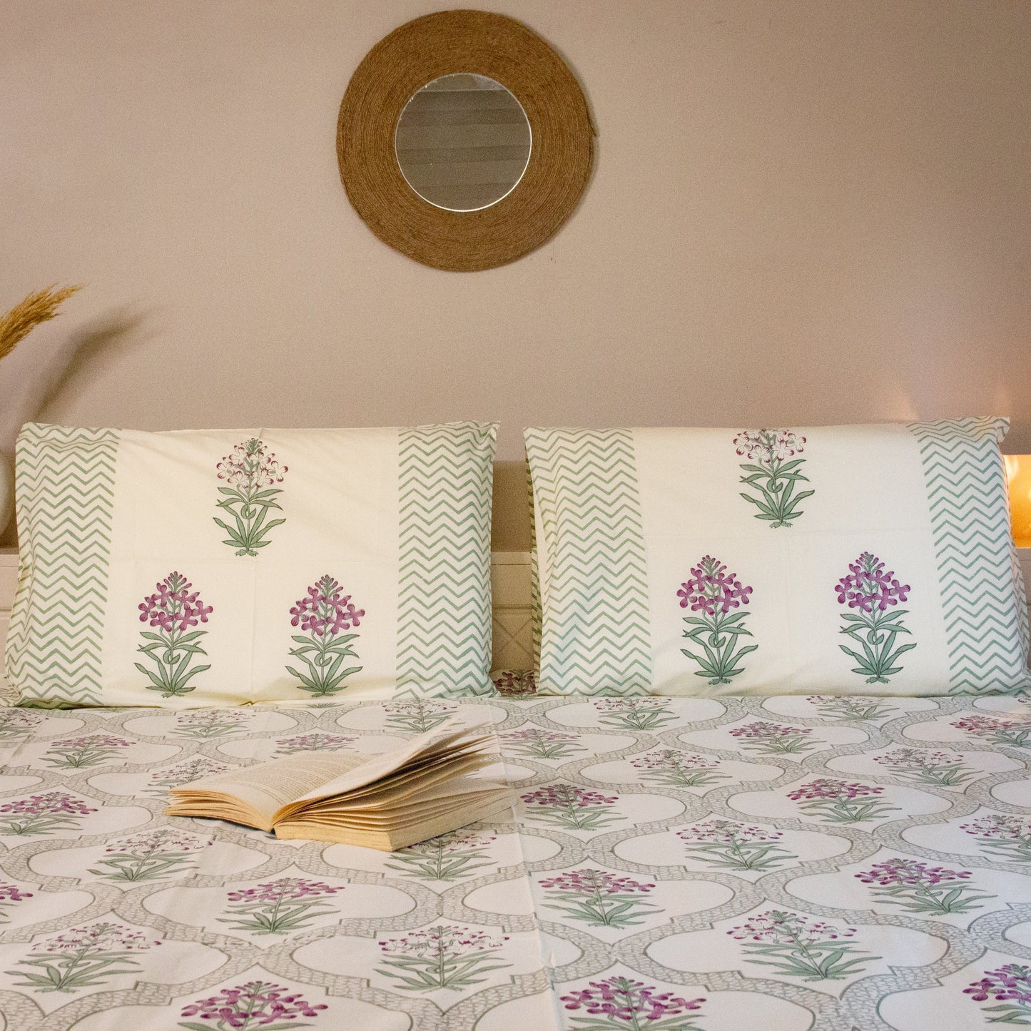 Begonia Jaal Hand Block Printed Cotton King Size Bedsheet Set