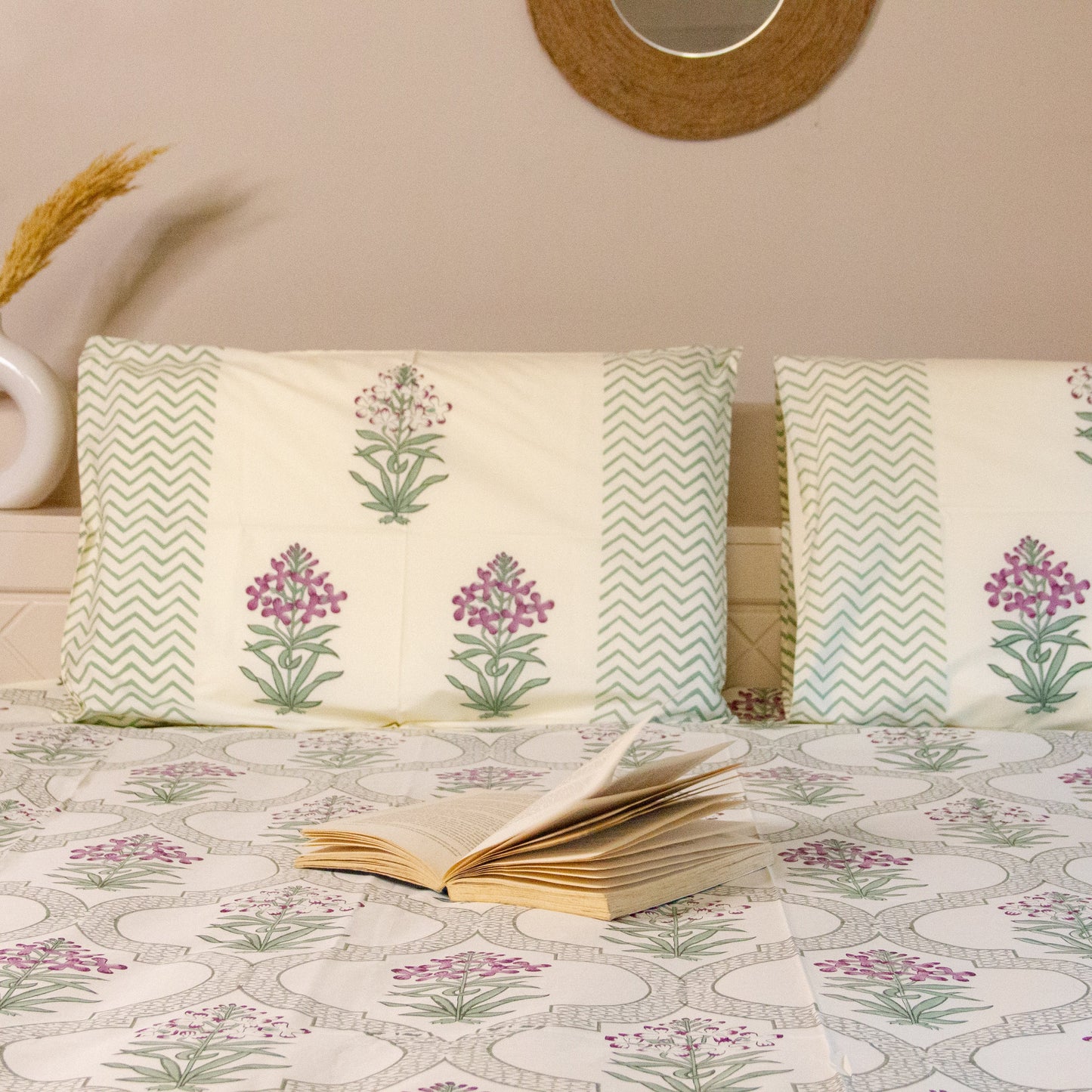 Begonia Jaal Hand Block Printed Cotton King Size Bedsheet Set