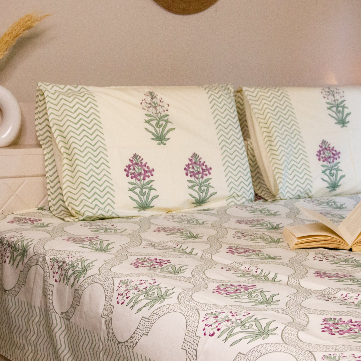 Begonia Jaal Hand Block Printed Cotton King Size Bedsheet Set
