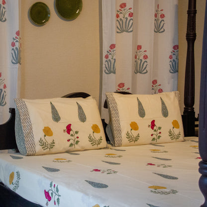 Marigold Magic Hand Block Printed Cotton King Size Bedsheet Set