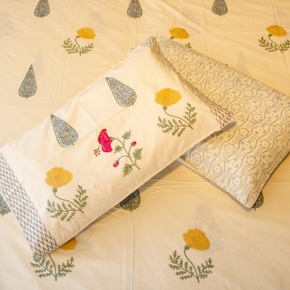 Marigold Magic Hand Block Printed Cotton King Size Bedsheet Set