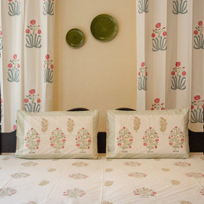 Camellia Grace Hand Block Printed Cotton King Size Bedsheet Set