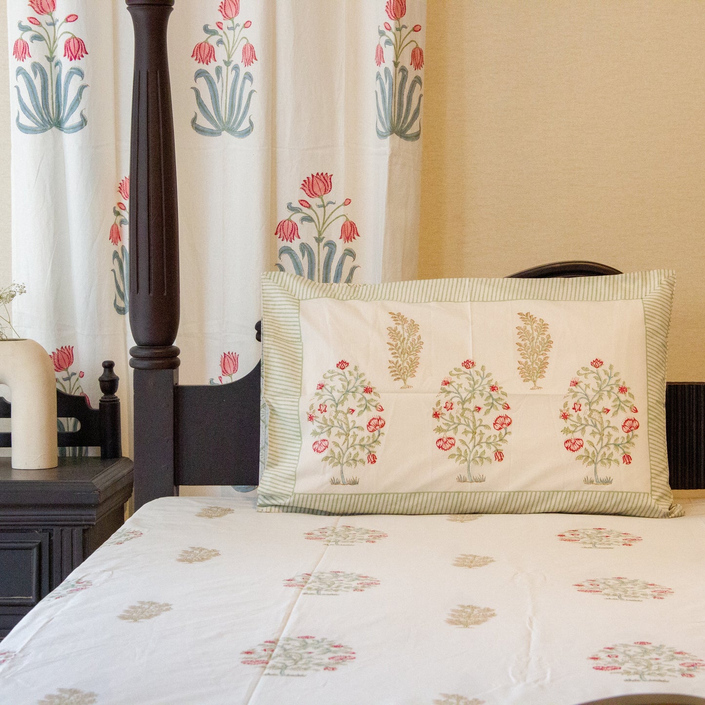 Camellia Grace Hand Block Printed Cotton King Size Bedsheet Set