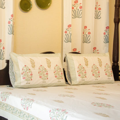 Camellia Grace Hand Block Printed Cotton King Size Bedsheet Set