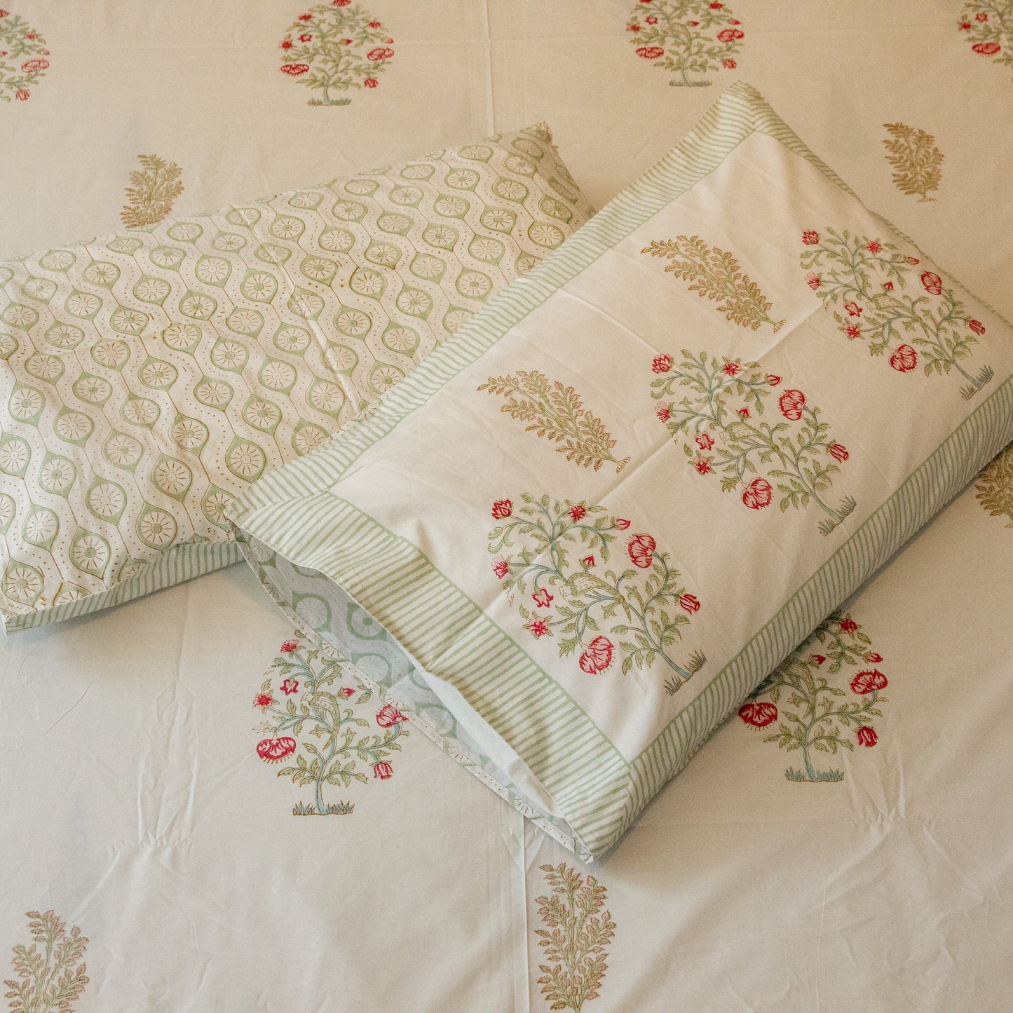 Camellia Grace Hand Block Printed Cotton King Size Bedsheet Set