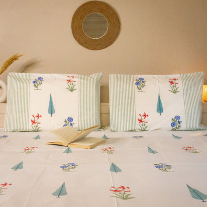 Aster Hand Block Printed Cotton King Size Bedsheet Set