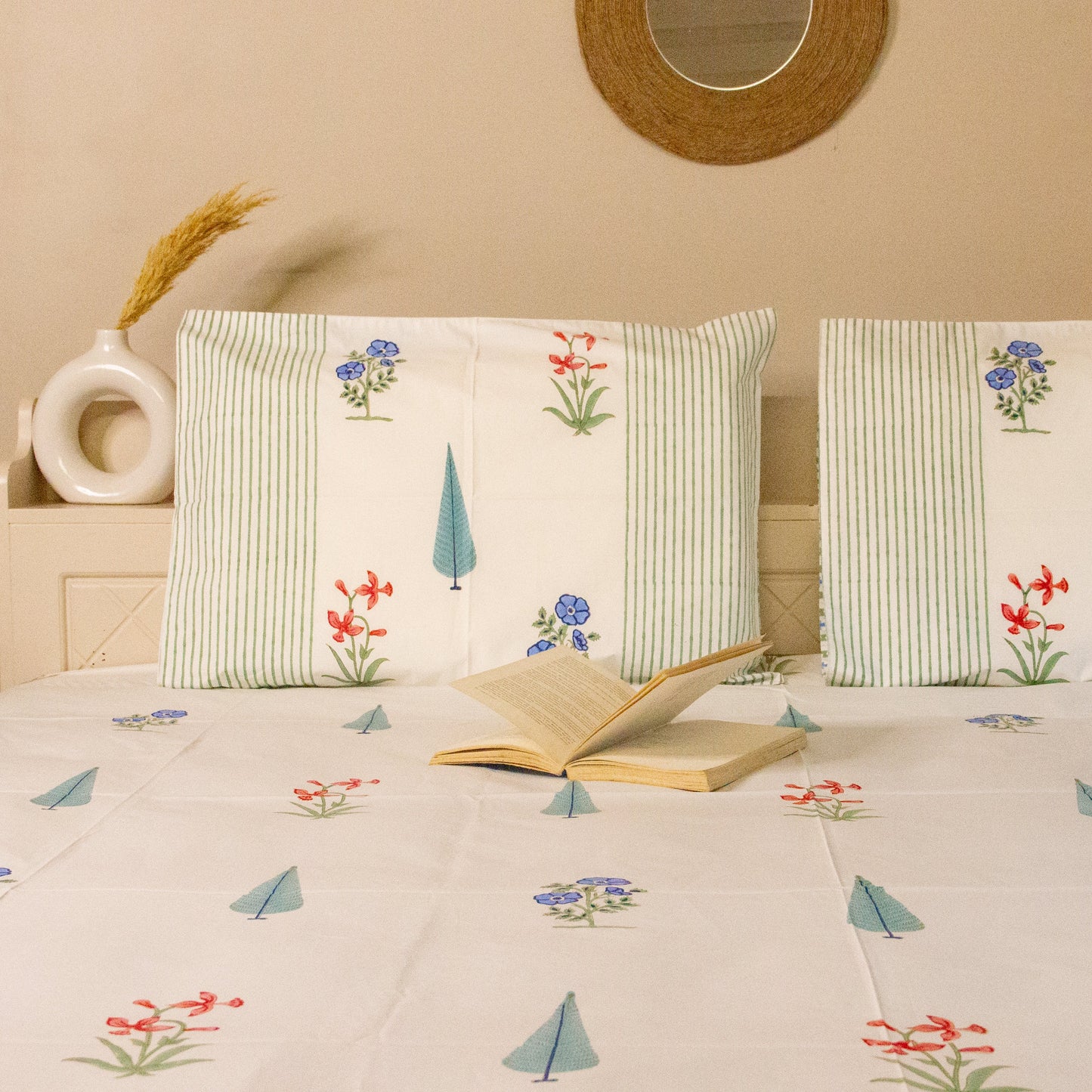 Aster Hand Block Printed Cotton King Size Bedsheet Set