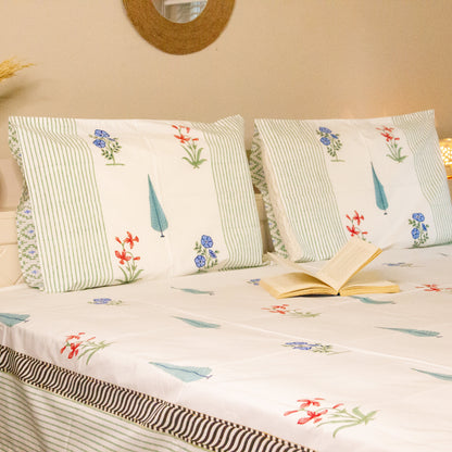 Aster Hand Block Printed Cotton King Size Bedsheet Set