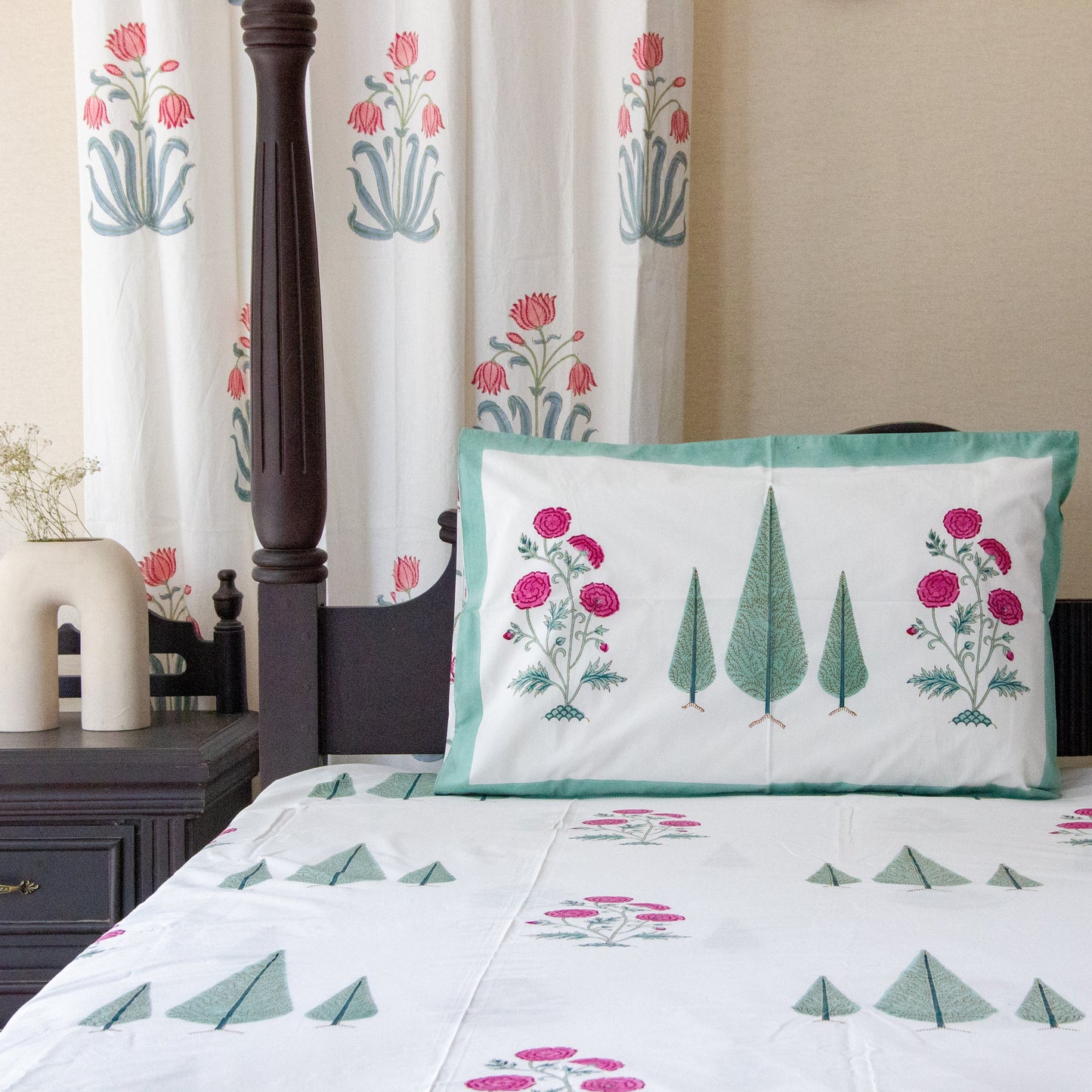 Cypress Serenity Hand Block Printed Cotton King Size Bedsheet Set
