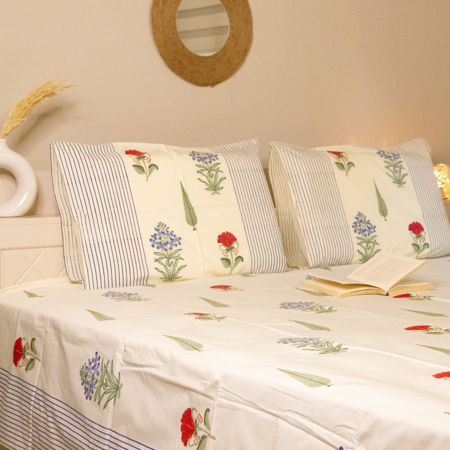 Amaryllis Hand Block Printed Cotton King Size Bedsheet Set