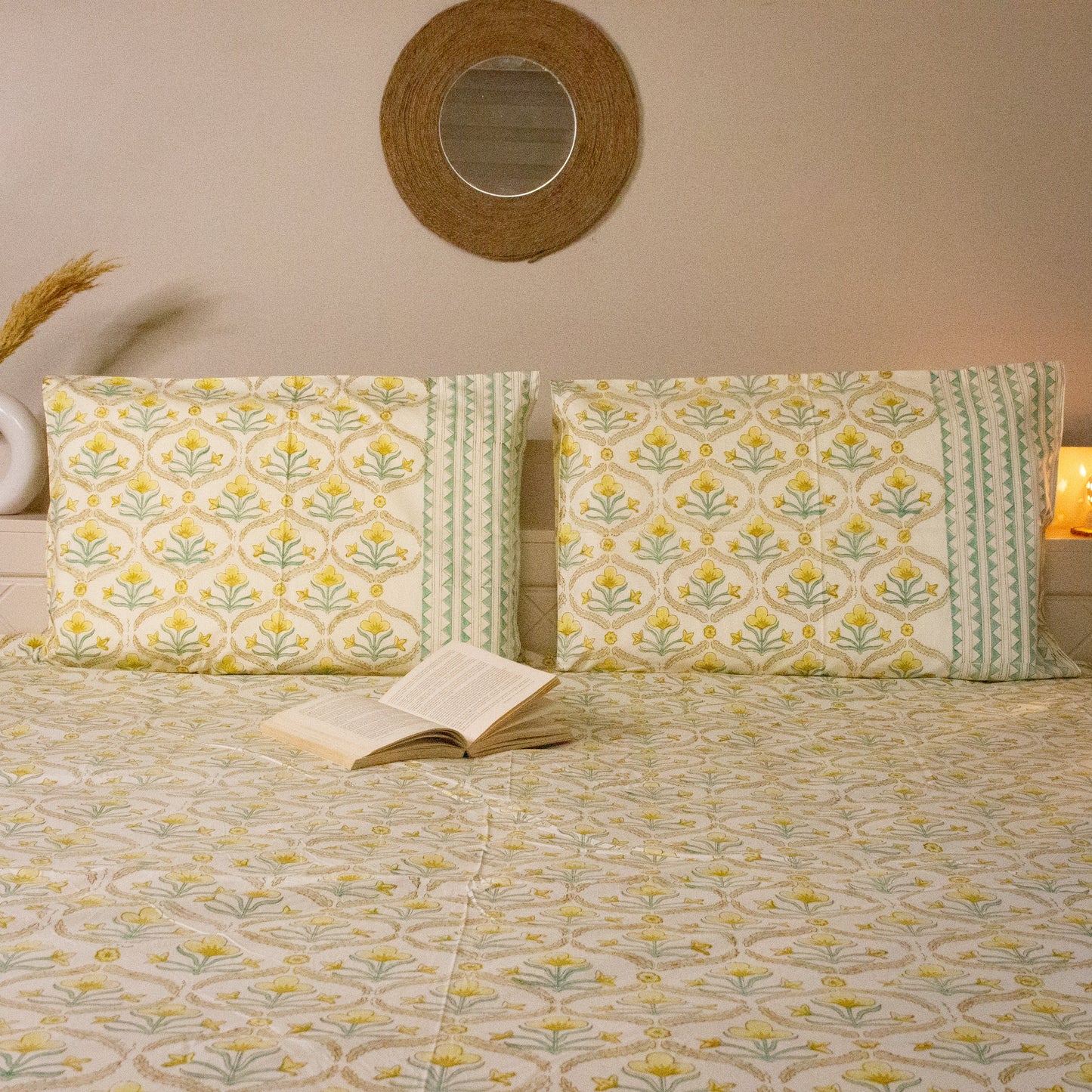 Daisy Hand Block Printed Beige Bed Sheet pure cotton Super King bedsheet set by Heritagewear