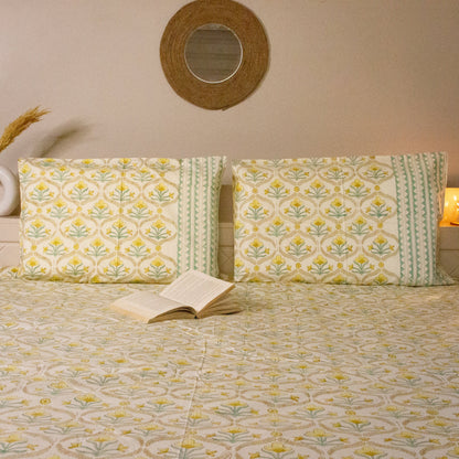 Daisy Hand Block Printed Beige Bed Sheet pure cotton Super King bedsheet set by Heritagewear