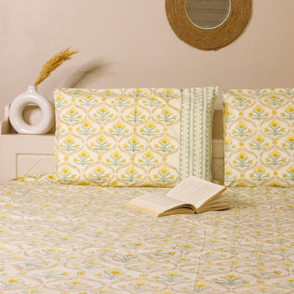 Daisy Hand Block Printed Beige Bed Sheet Pure Cotton Super King Bedsheet by Heritagewear