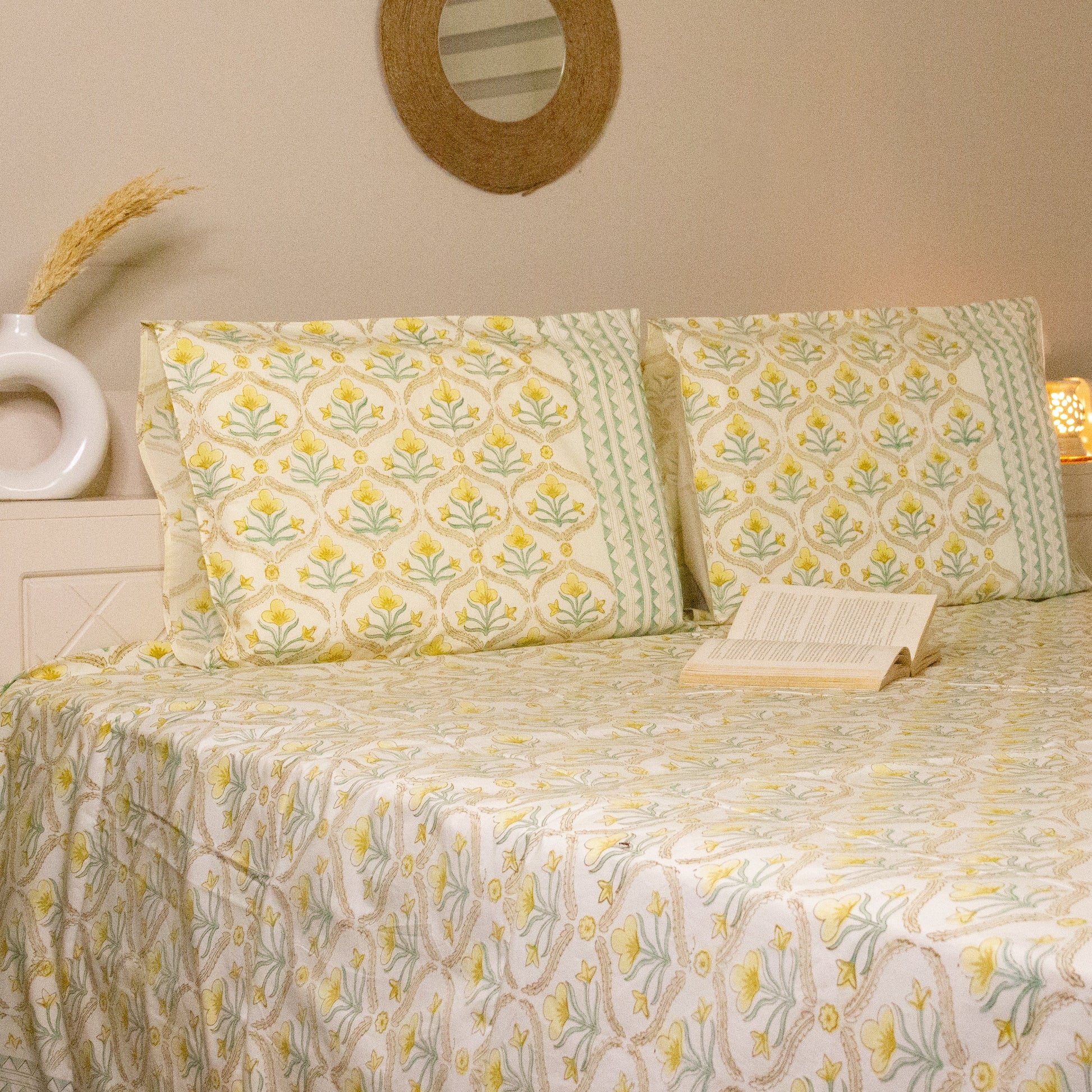 Daisy Hand Block Printed Beige Bed Sheet Pure Cotton Super King Bedsheet by Heritagewear