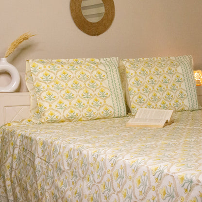 Daisy Hand Block Printed Beige Bed Sheet Pure Cotton Super King Bedsheet by Heritagewear