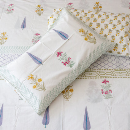 Lavender Bliss Hand Block Printed Cotton King Size Bedsheet Set
