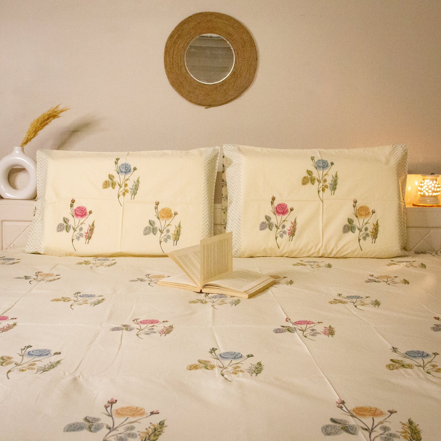 Primrose Hand Block Printed Bed Sheets pure cotton Super King bedsheet set by Heritagewear