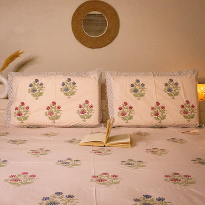 Azure Blossom Pink Base Hand Block Printed Cotton King Size Bedsheet Set