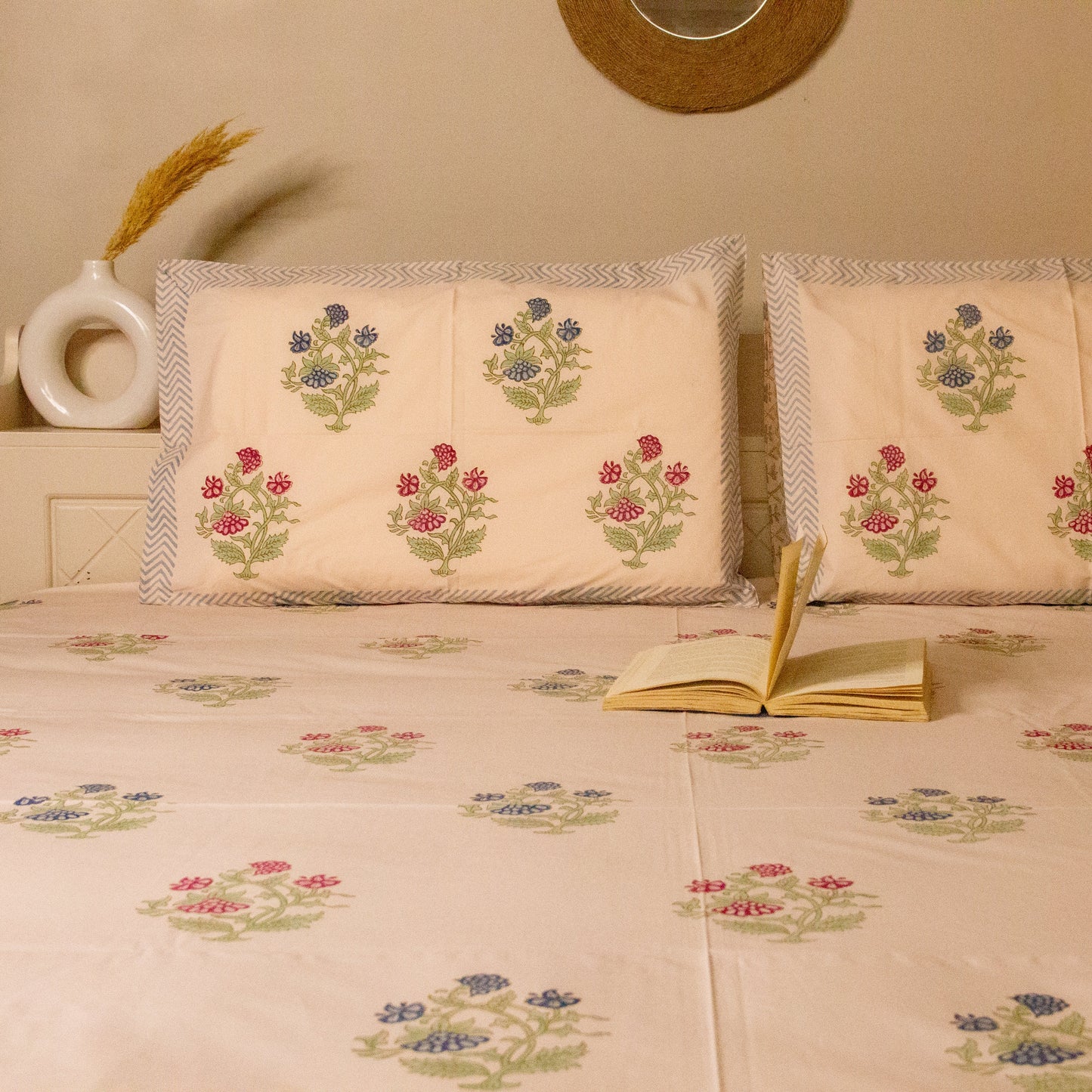 Azure Blossom Pink Base Hand Block Printed Cotton King Size Bedsheet Set