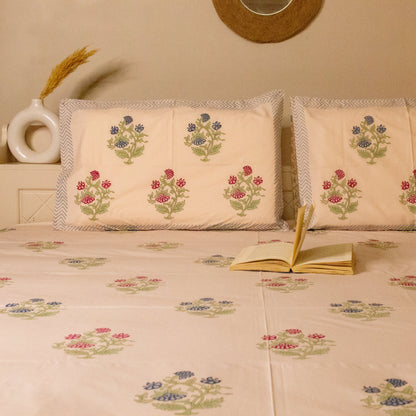 Azure Blossom Pink Base Hand Block Printed Cotton King Size Bedsheet Set