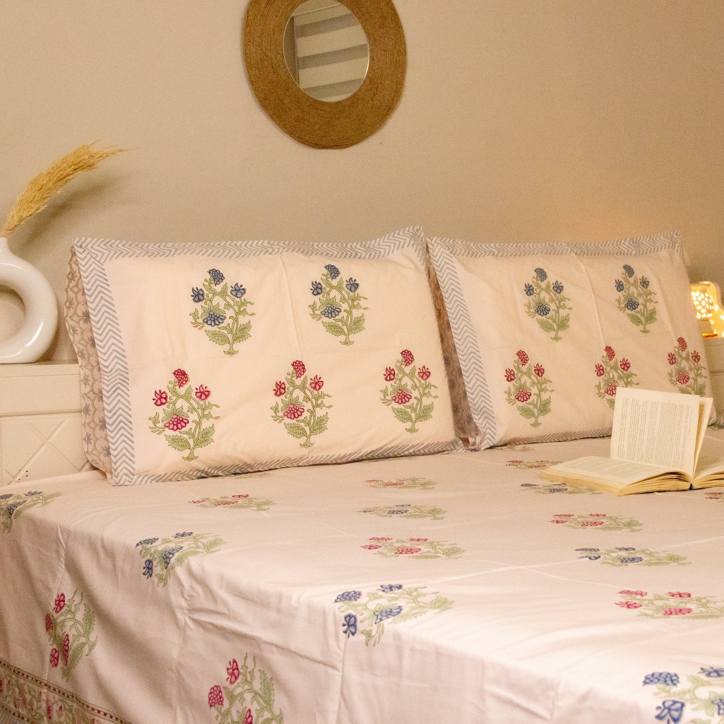 Azure Blossom Pink Base Hand Block Printed Cotton King Size Bedsheet Set