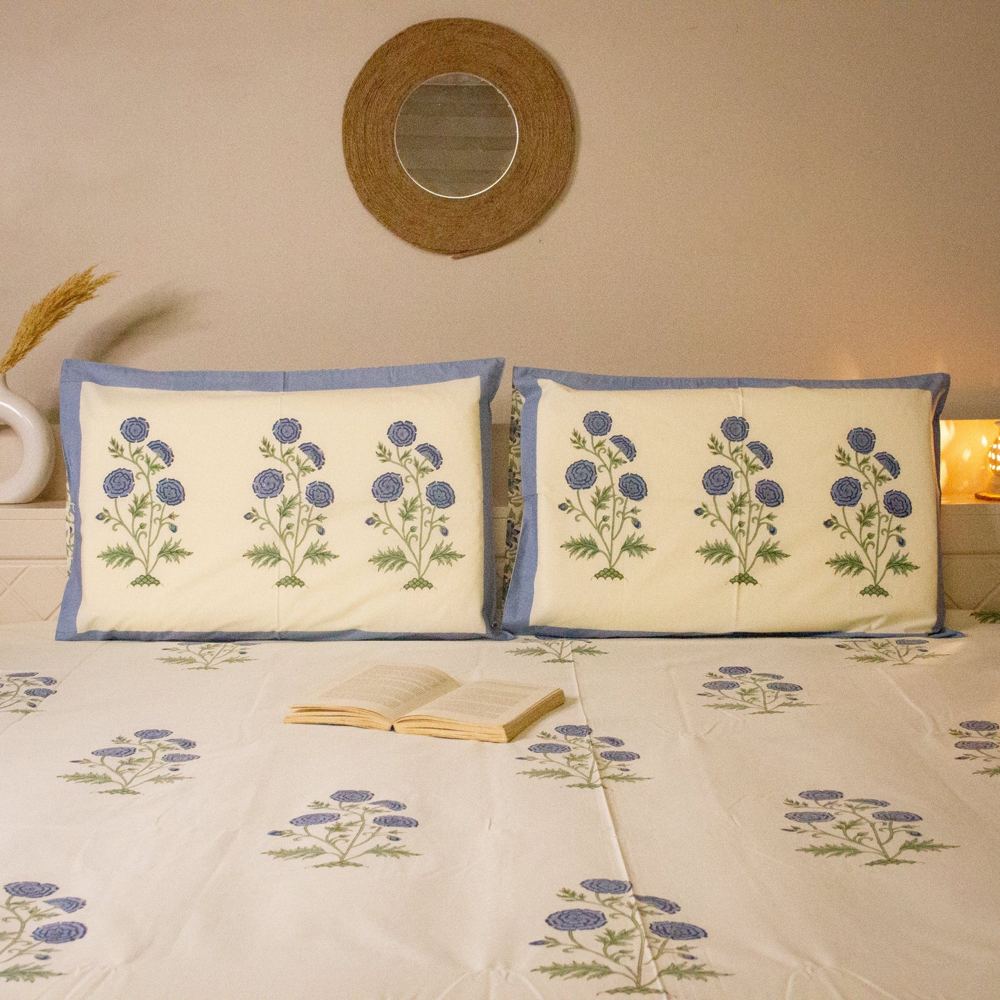 Blue Bell Hand Block Printed Bed Sheets pure cotton Super King bedsheet set by Heritagewear