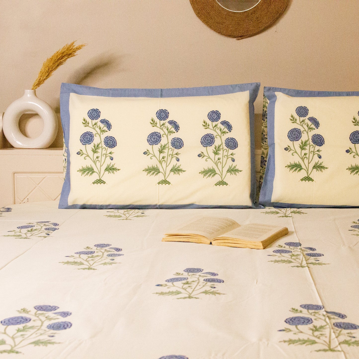 Blue Bell Hand Block Printed Cotton King Size Bedsheet Set