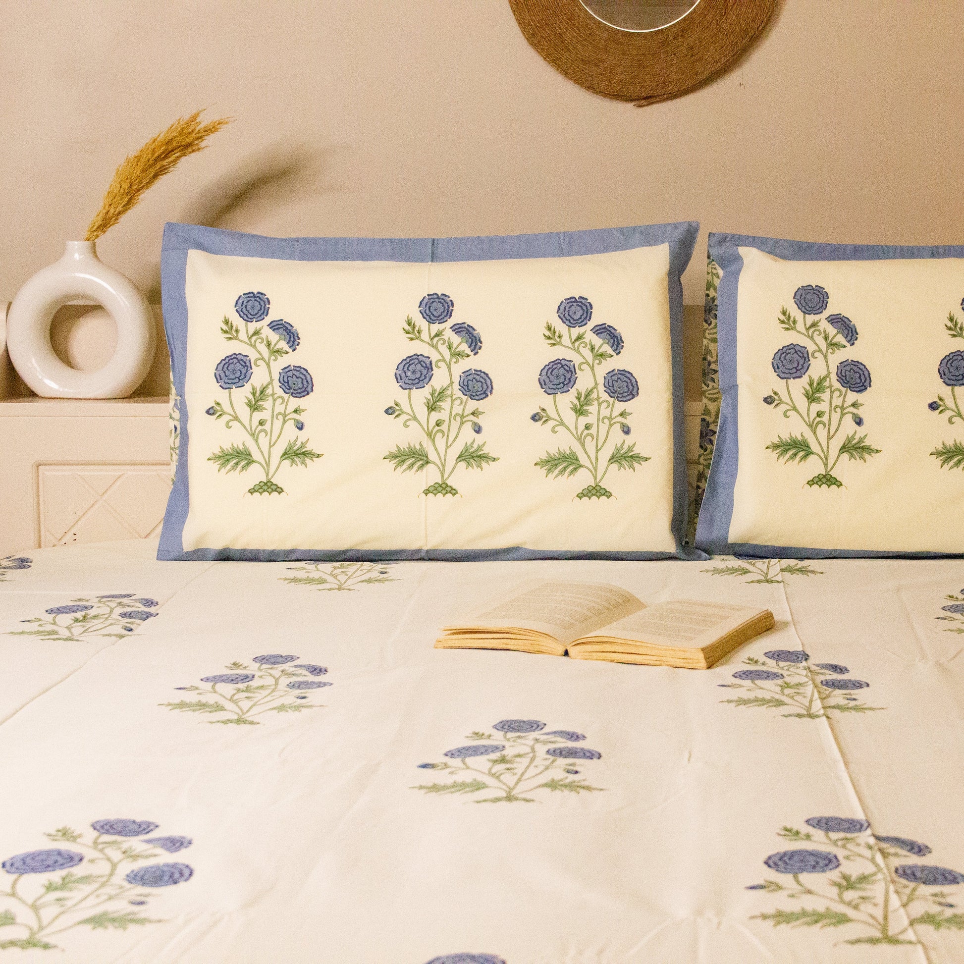 Blue Bell Hand Block Printed Bed Sheets Pure Cotton Super King Bedsheet by Heritagewear