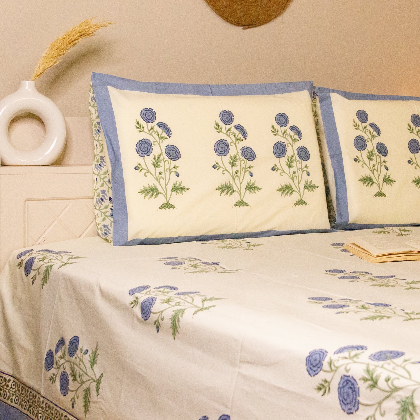Blue Bell Hand Block Printed Bed Sheets Pure Cotton Super King Bedsheet by Heritagewear