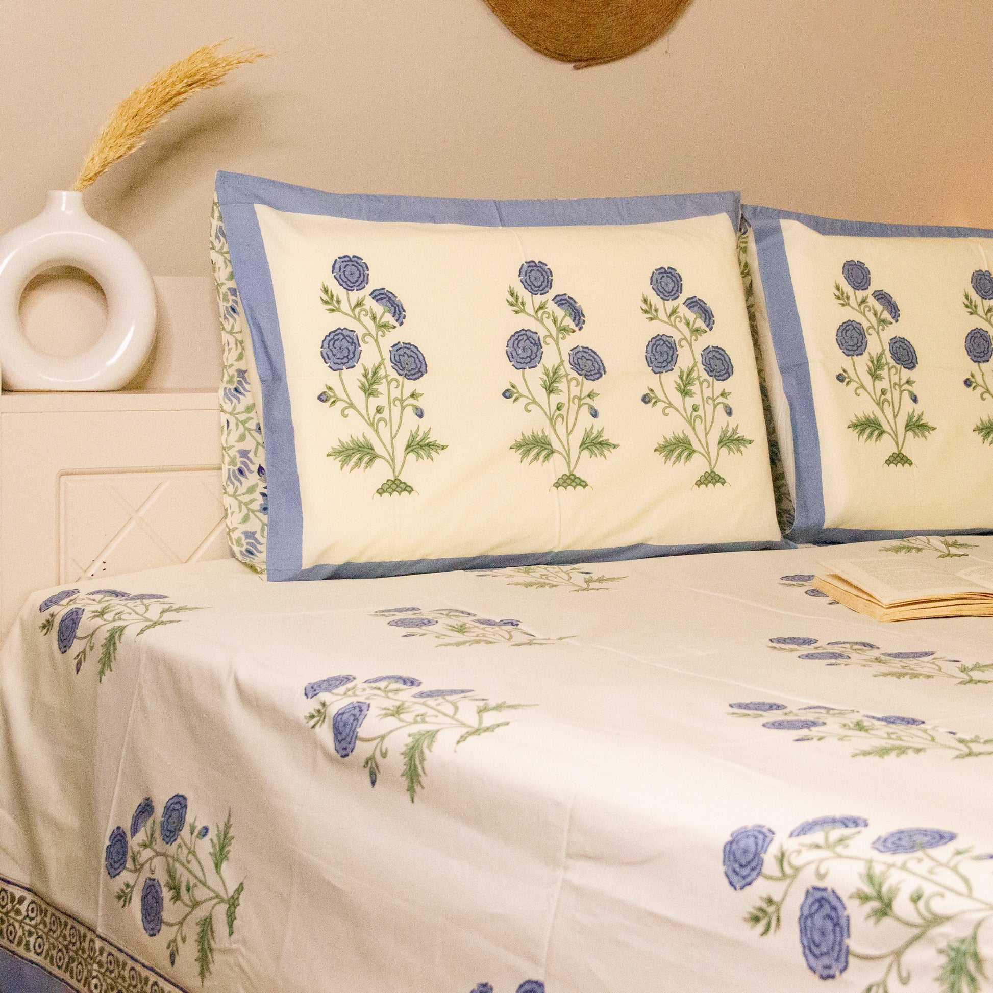 Blue Bell Hand Block Printed Bed Sheets Pure Cotton Super King Bedsheet by Heritagewear