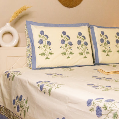 Blue Bell Hand Block Printed Bed Sheets Pure Cotton Super King Bedsheet by Heritagewear