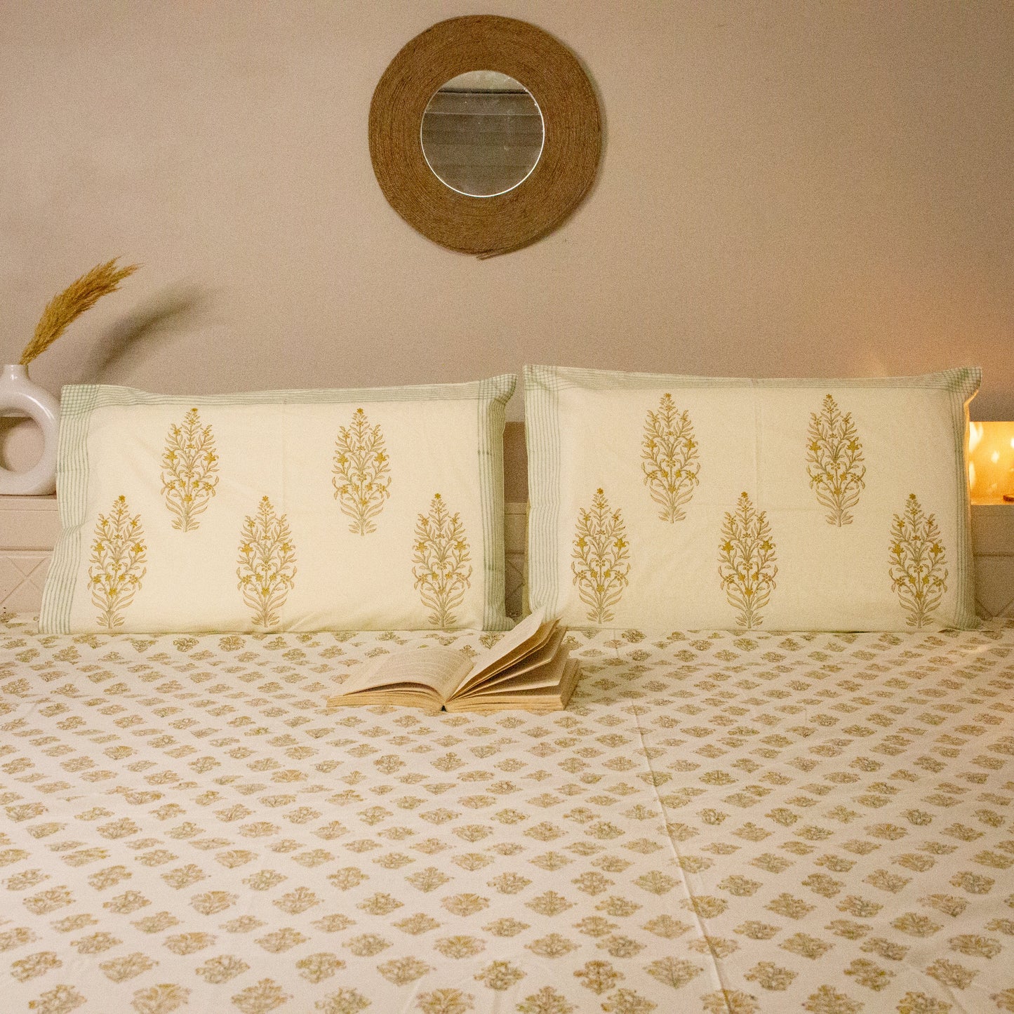 Meadows Hand Block Print Bedsheet pure cotton Super King bedsheet set by Heritagewear