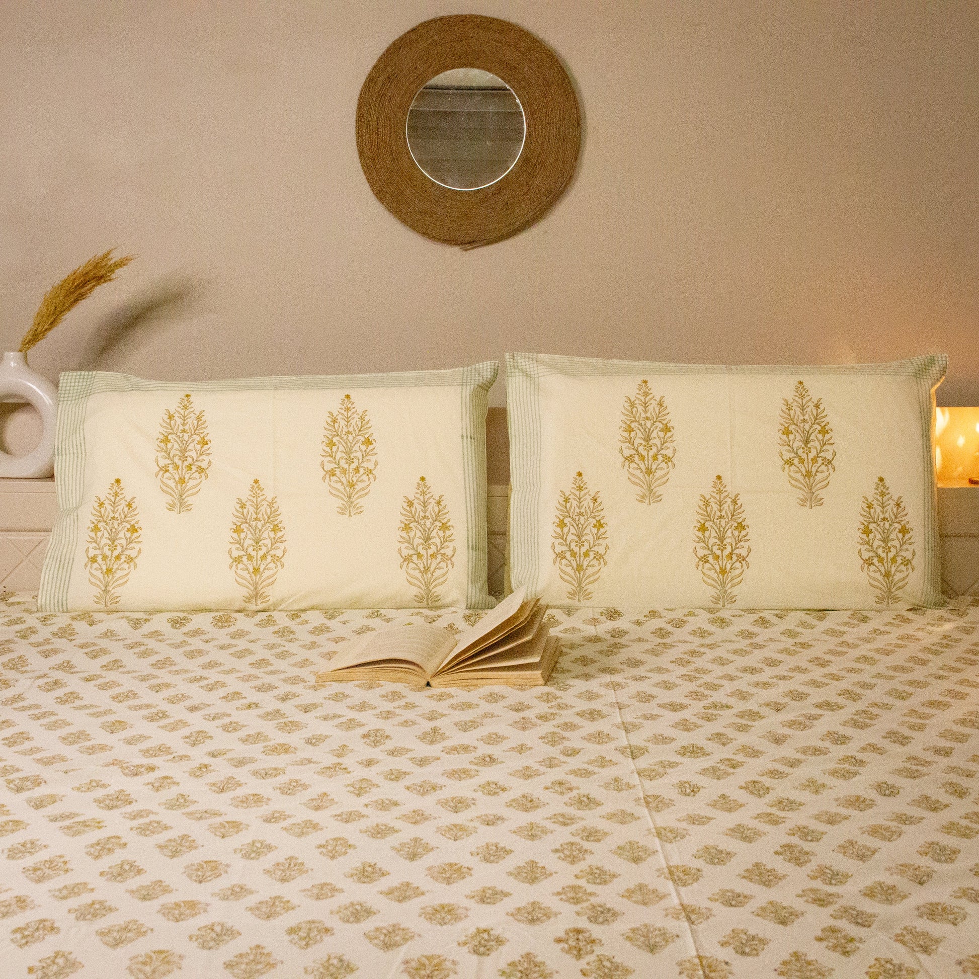 Meadows Hand Block Print Bedsheet pure cotton Super King bedsheet set by Heritagewear