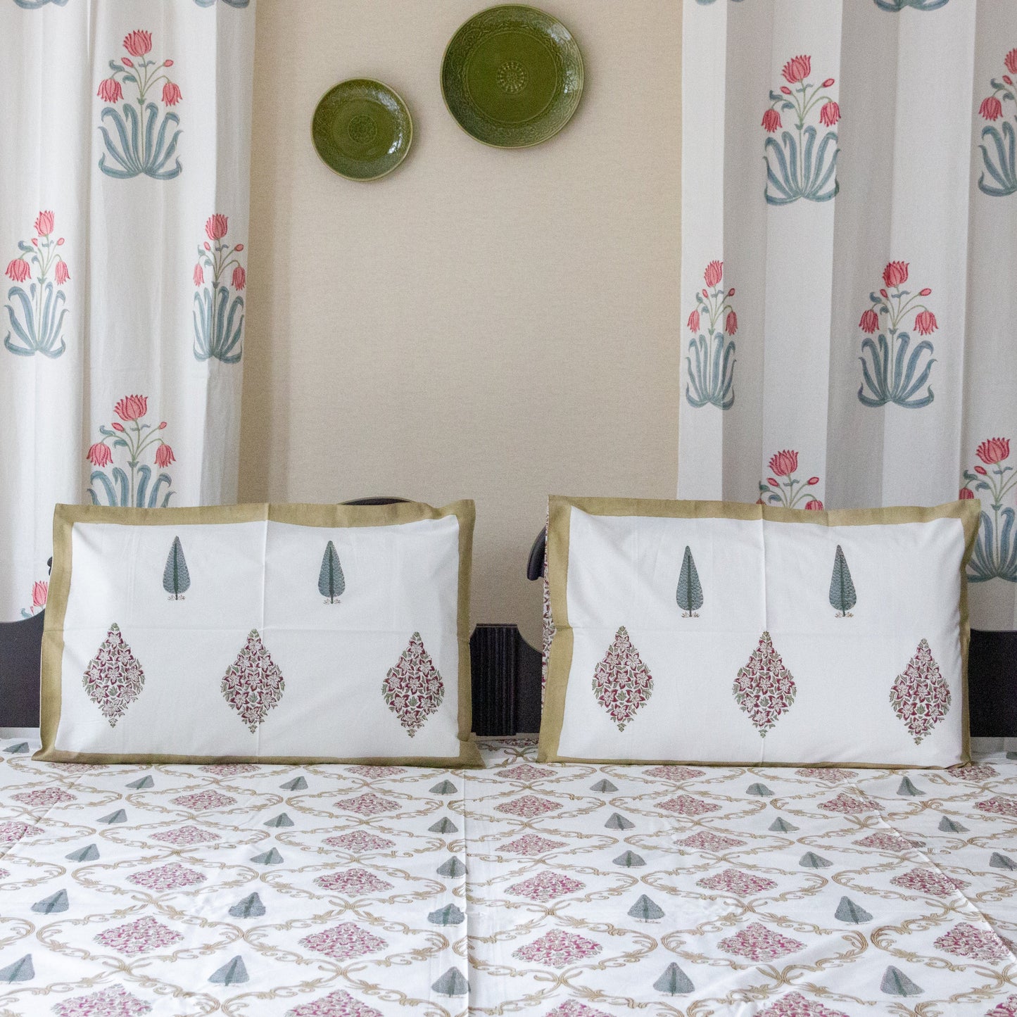 Champa Blossom Hand Block Printed Cotton King Size Bedsheet Set
