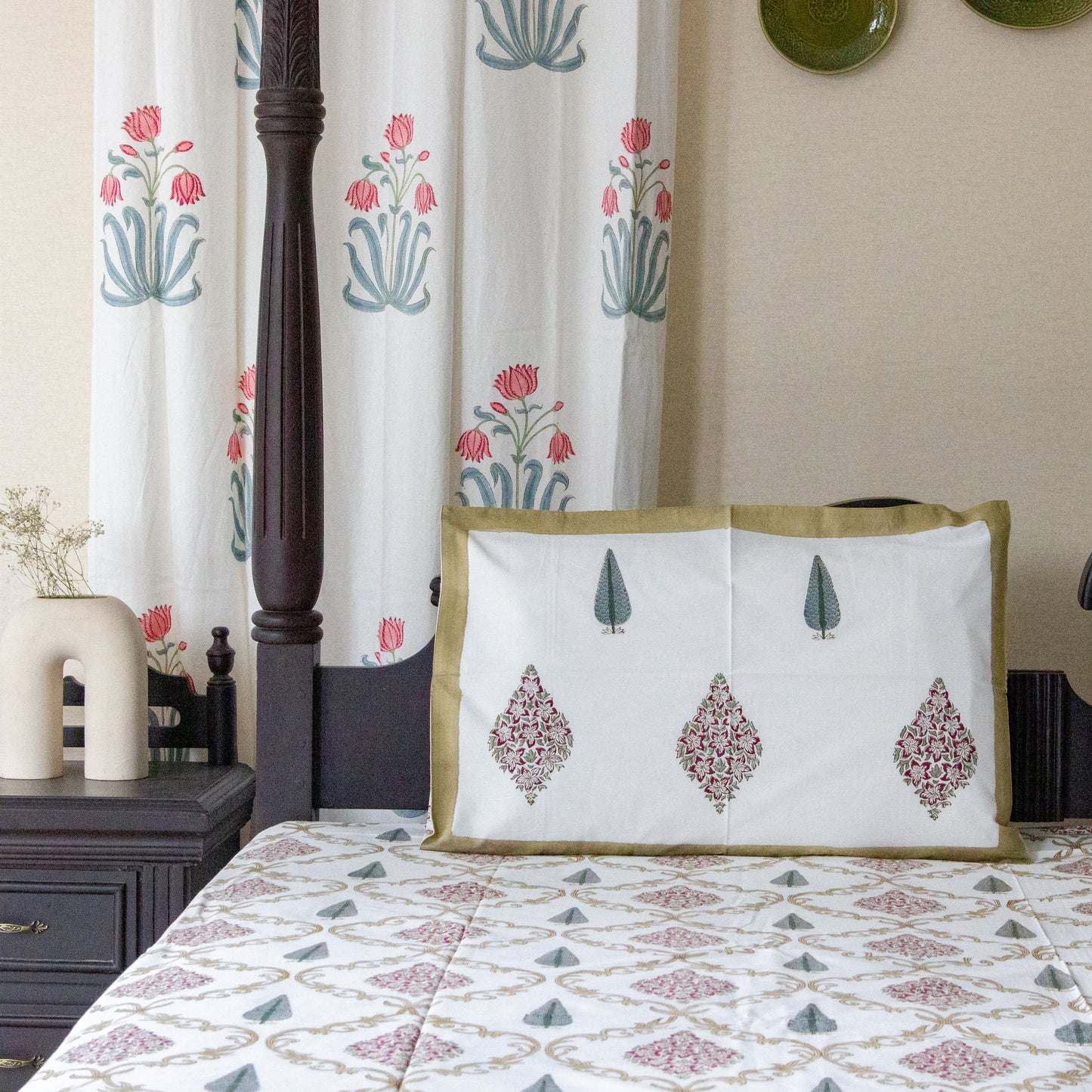 Champa Blossom Hand Block Printed Cotton King Size Bedsheet Set