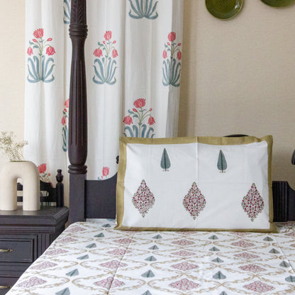 Champa Blossom Hand Block Printed Cotton King Size Bedsheet Set